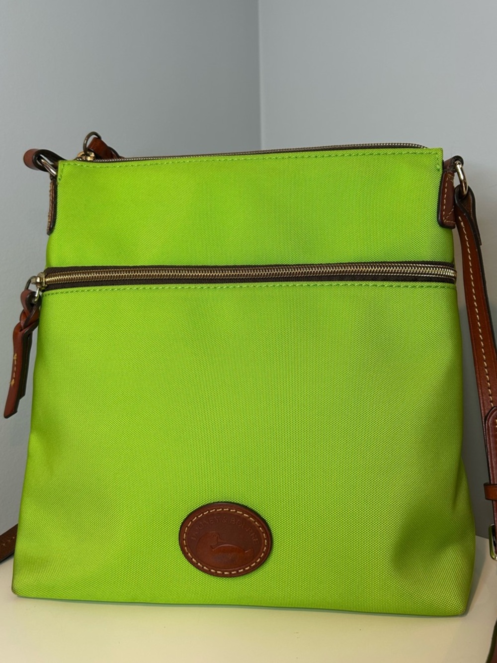 Dooney & Bourke Neon Apple Green Nylon Front Zip Crossbody Leather Trim Like New